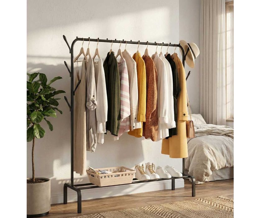HIT! Stojak Wieszak na Ubrania Buty Stojący Podłogowy Czarny Metalowy