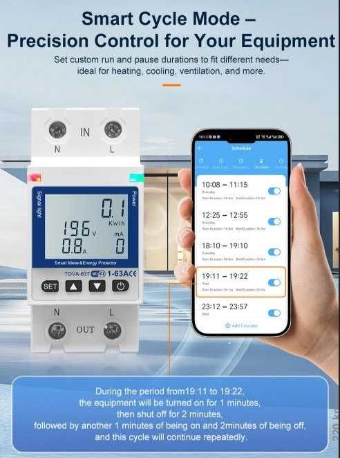 Умное Wi-Fi реле защиты от перенапряжения со счётчиком TOMZN 63A