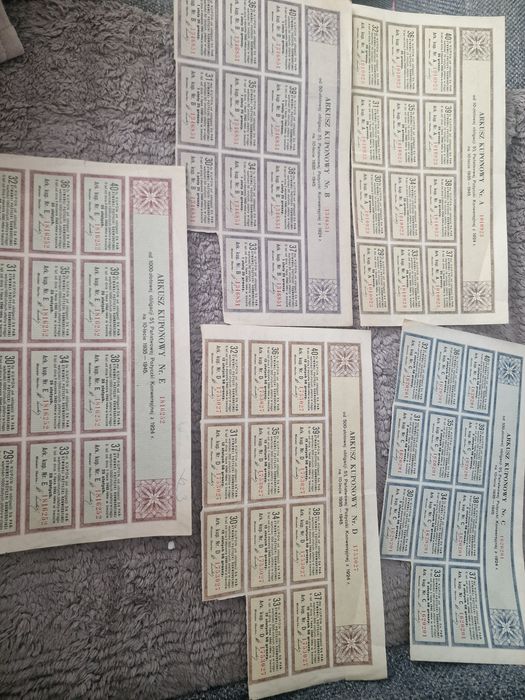 skryptofilia, stara akcja, obligacja, przedwojenne, II RP, lata 20,antyki, starocie, stare papiery wartościowe, kolekcja, arkusz kuponów, numizmatyka