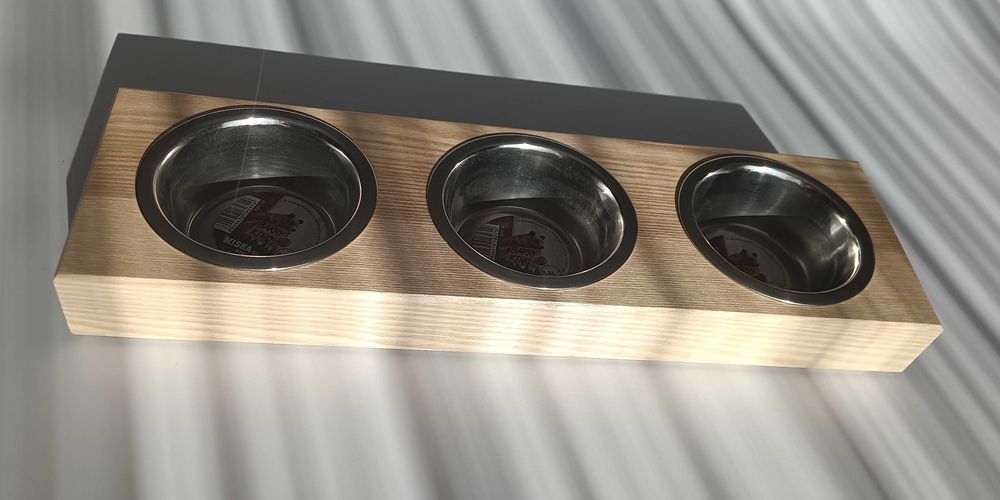 Stojak na miski z drewna jesionowego dla psa lub kota 3 x 0,22l