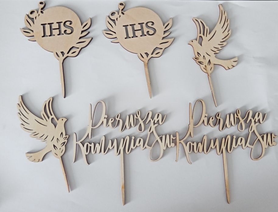 TOPPERY TOPPERY na tort babeczeki na Komunię Botaniczne 6szt drewniane