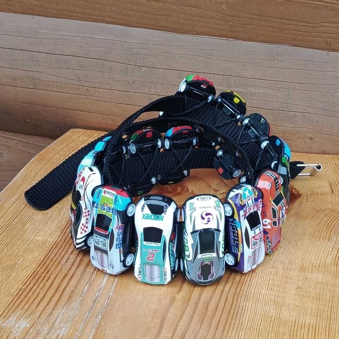 Pasek z autkami wyścigowymi czarny handmade unikat