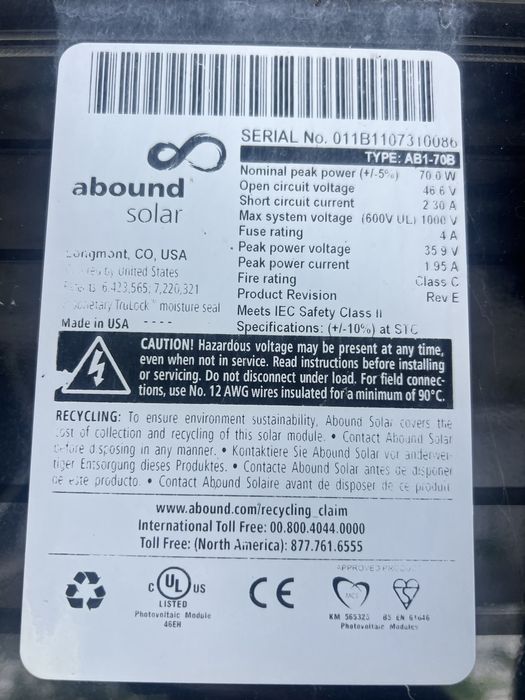 Palete com 50 Painéis Solares Abound Solar 70W Novos