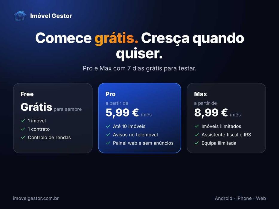 App gestão de arrendamento: rendas, recibos e IRS – plano grátis