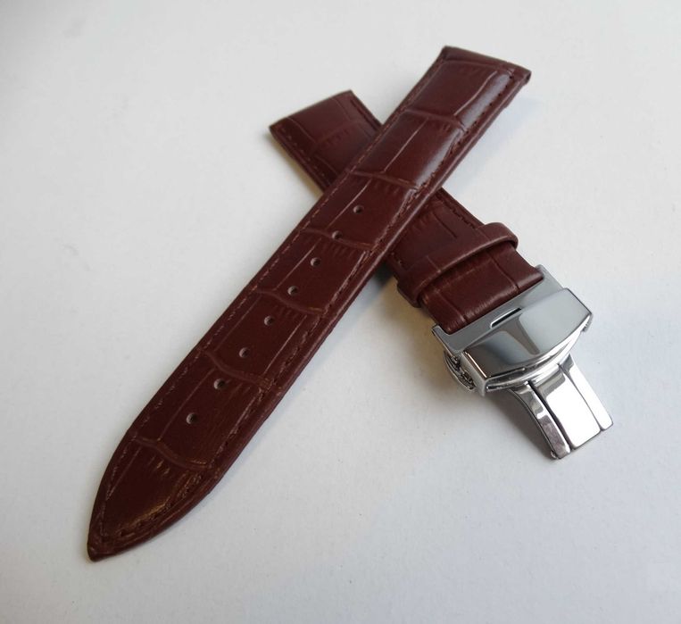 Pasek skórzany do zegarka brązowy 22mm z klamrą zapięciem motylkowym