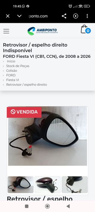Espelho retrovisor direito Ford Fiesta serie VI