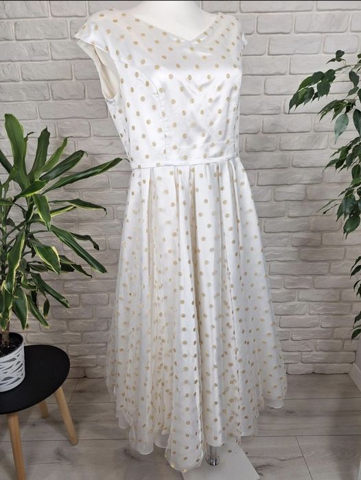 Jedwabna sukienka suknia ślubna na wesele poprawiny biała w złote