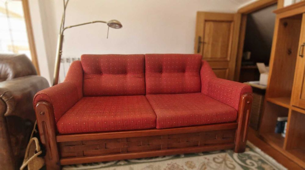 Conjunto de Sofás Vintage em Madeira Maciça + Poltrona Pele Sintética | Excelente Estado