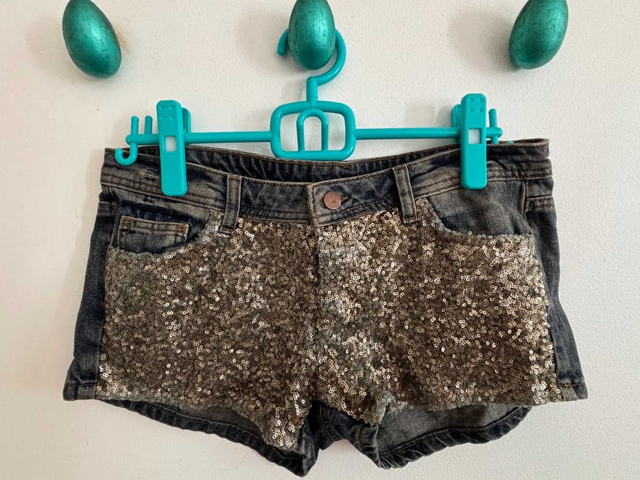 Calções mini de festa, em ganga e lantejoulas