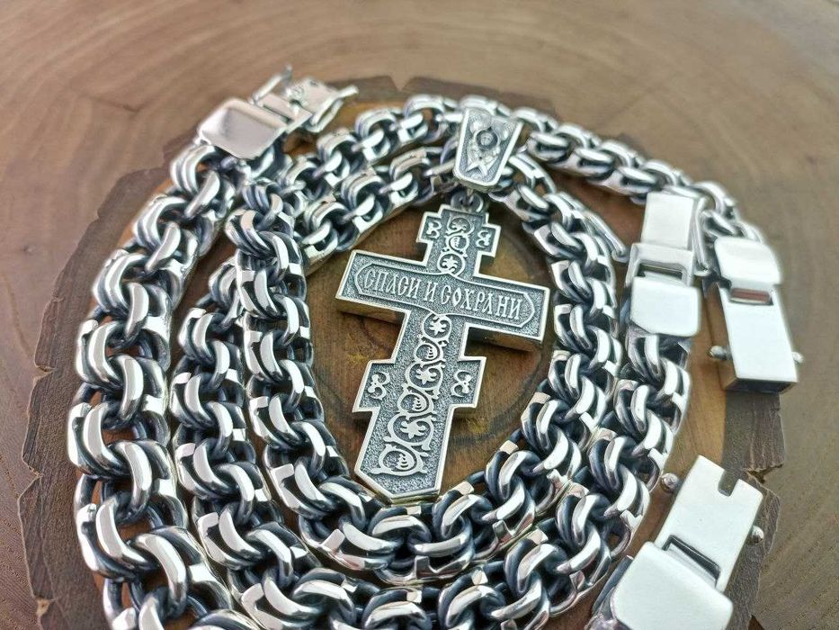 Серебряная цепочка Бисмарк, крестик и браслет. Срібний ланцюг, хрест