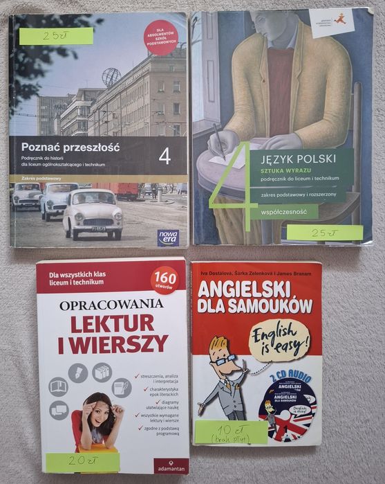 Poznać przeszłość 4 podręcznik do historii, sztula wyrazu 4 podręcznik do polskiego, samouczek podręcznik do angielskiego, opracowania lektur i wiersz