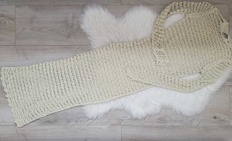 Beżowa, ażurowa, szydełkowa, letnia, długa / maxi sukienka, Zara, S 36