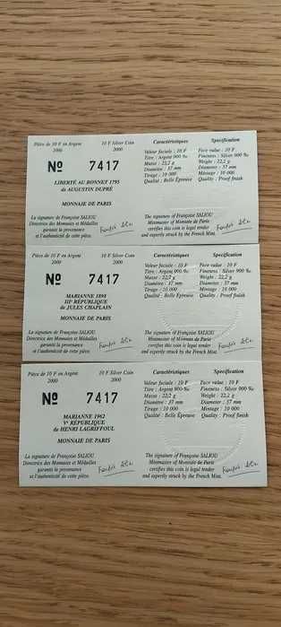 França 2000, 10 francos PRATA – MARIANNE, Caixa com 3 moedas