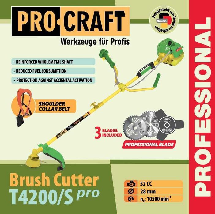 Бензокоса Procraft T4200/S Pro Разборная штанга, 3 ножа+катушка+ремень