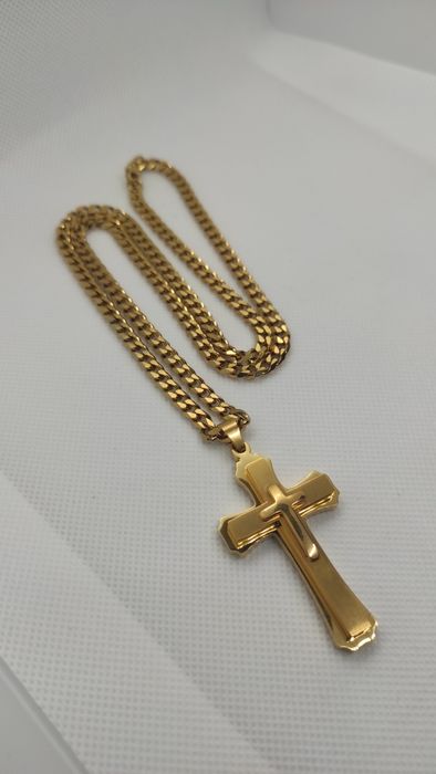 Nowy złoty łańcuszek z krzyżem Pancerka 5mm Stal chirurgiczna 316L