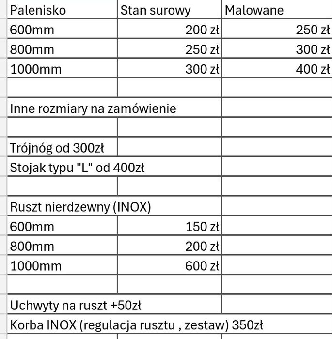 Palenisko ogrodowe 800mm-300zł/600mm-250zł(cennik na ostatnim zdjęciu)