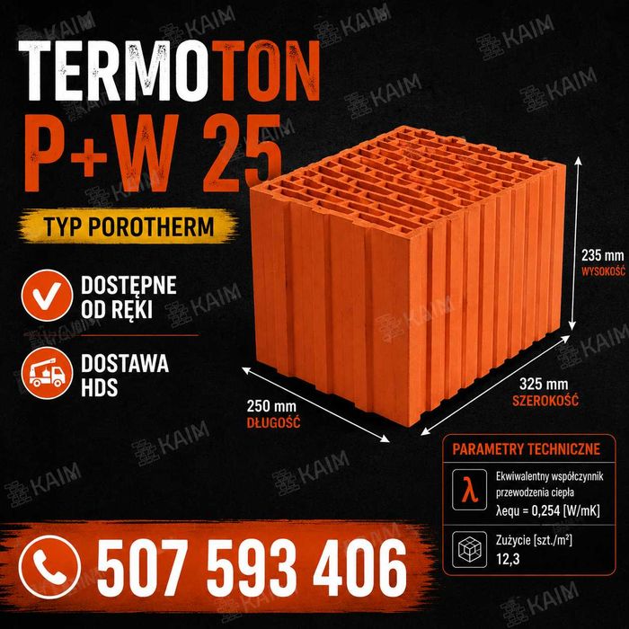 Cena Brutto z Transportem Cegła, Pustak Ceramiczny P+W 25 typ Porotherm