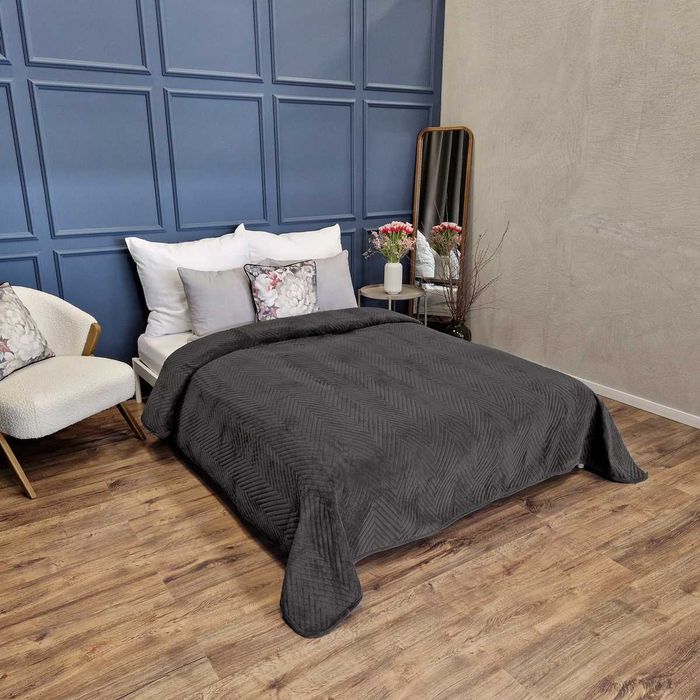 Narzuta Welurowa na Łóżko 200 x 220 Jodełka, Szara, Velvet