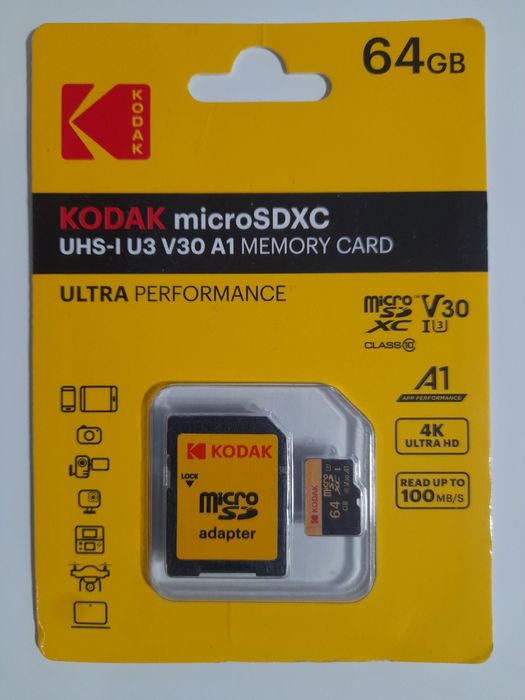 Скоростная карта памяти Kodak micro SD 64Gb U3 A1 class 10 с адаптером