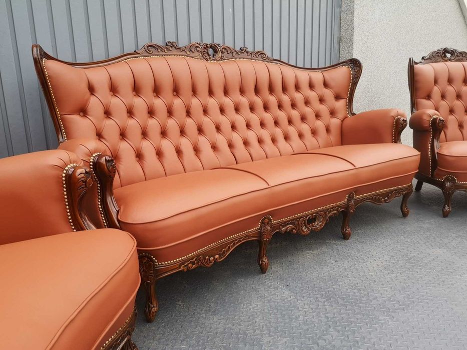 Cudowny komplet po renowacji! Koniakowa skóra! Sofa i dwa fotele!