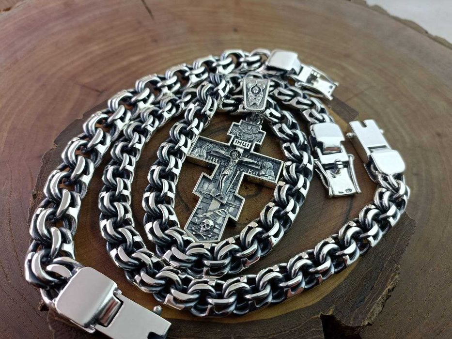 Серебряная цепочка Бисмарк, крестик и браслет. Срібний ланцюг, хрест