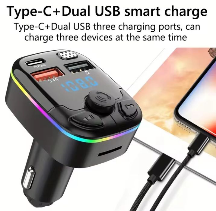 Transmiter samochodowy FM bluetooth 2xUSB, 1x USB-C