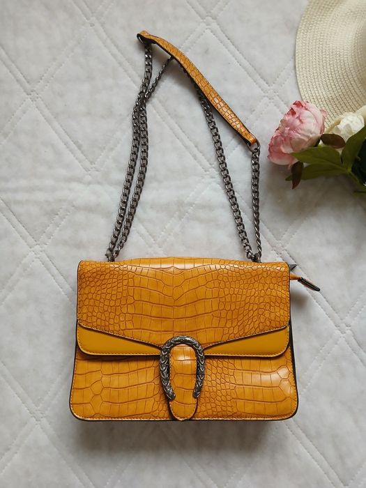 Żółta miodowa torebka wężowa skóra na ramię na łańcuszku