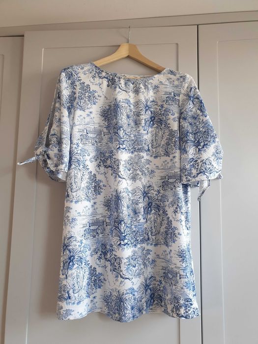 Biała sukienka tunika w niebieskie wzory lniana 40 42 H&M