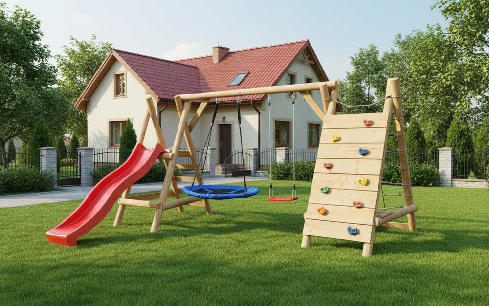 Drewniany Plac Zabaw do Ogrodu JUMBO-SMERF 4Huśtawki ŚlizgDUŻA Ścianka