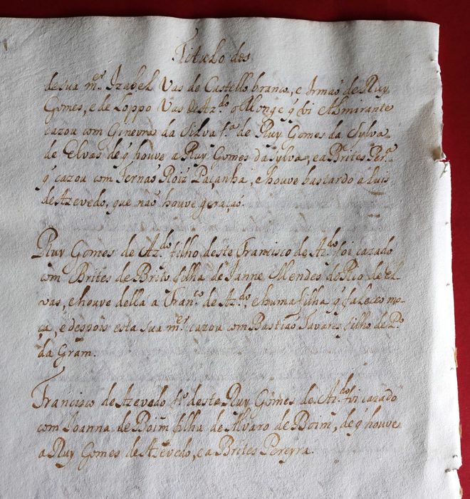 Título dos Azevedos manuscrito linhagem Sisto Tavares S.XV