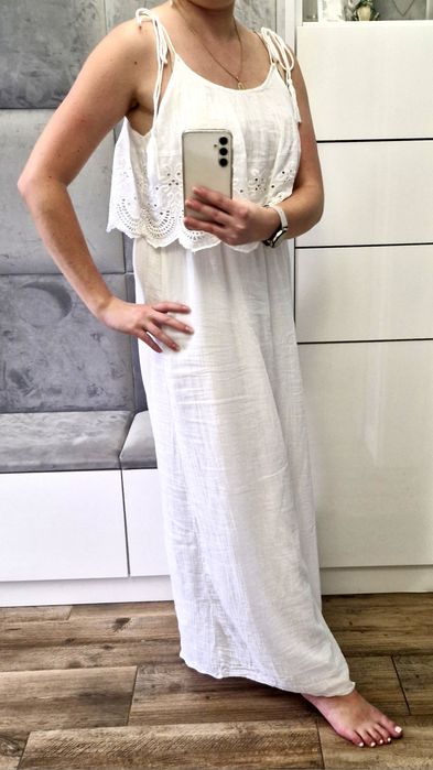 Biala długa letnia bawełniana sukienka na ramiączkach M