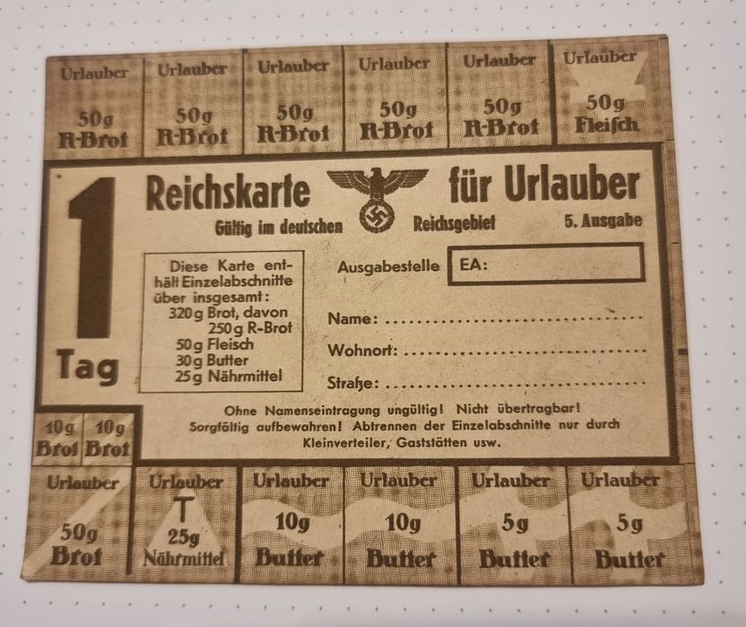 Kartka żywnościowa Wehrmacht 3 Rzesza