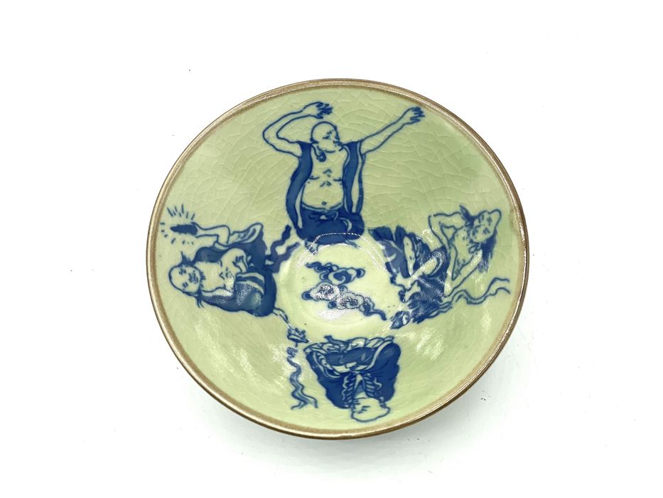 Tigela de porcelana azul e branca chinesa Ching Dinastia 9 Imortais