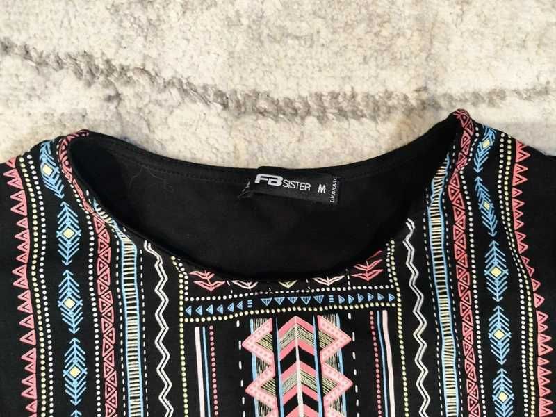 Sukienka czarna mini, M 38 boho obcisła z długim rękawem