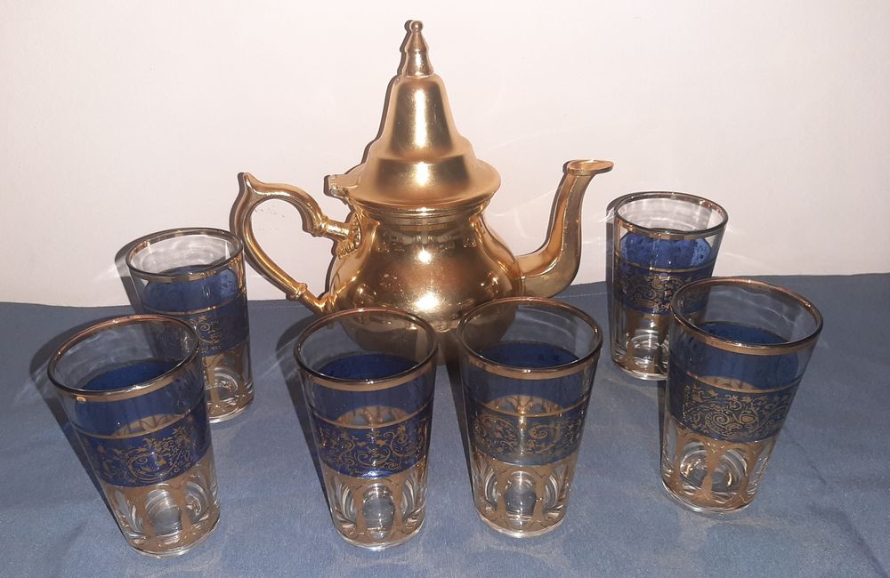 conjunto chá bule marroquino copos ouro