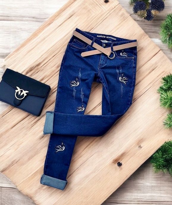 Spodnie Dżinsy Jeansy Haftowane Haft Ptaki Boyfriend Mom Boho Retro