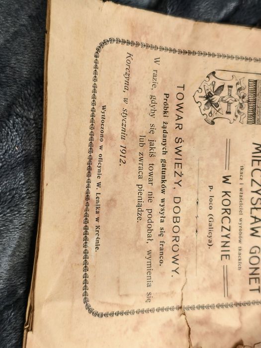 Cennik towarów tkackich z 1912