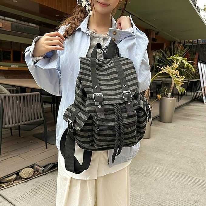 Рюкзак в полоску черно белый серый Retro Y2k Casual Striped College Backpack Korean Style