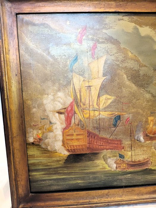 Quadro Óleo Sobre Tela Batalha Naval