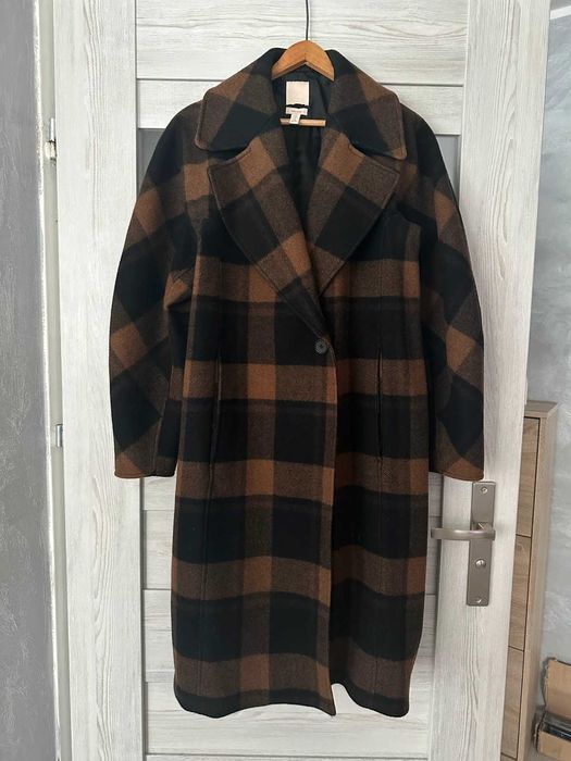 Wełniany płaszcz w kratę oversize brązowy H&M