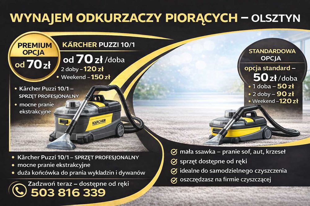 Wynajem odkurzaczy Piorących | Myjek Ciśnieniowych |Ozonatorów Olsztyn