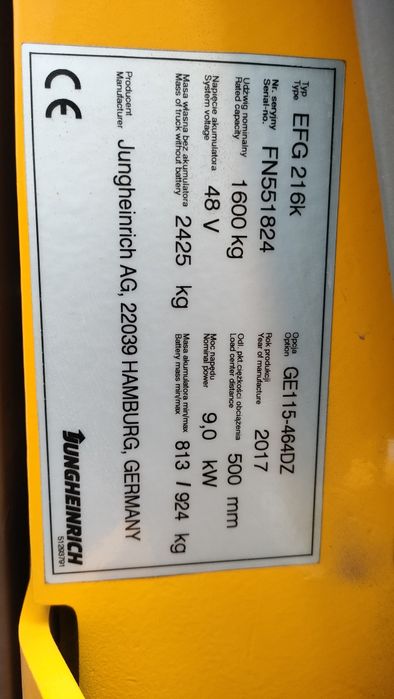 Sprzedam  elektryczny wózek widłowy Jungheinrich  EFG 216k.
