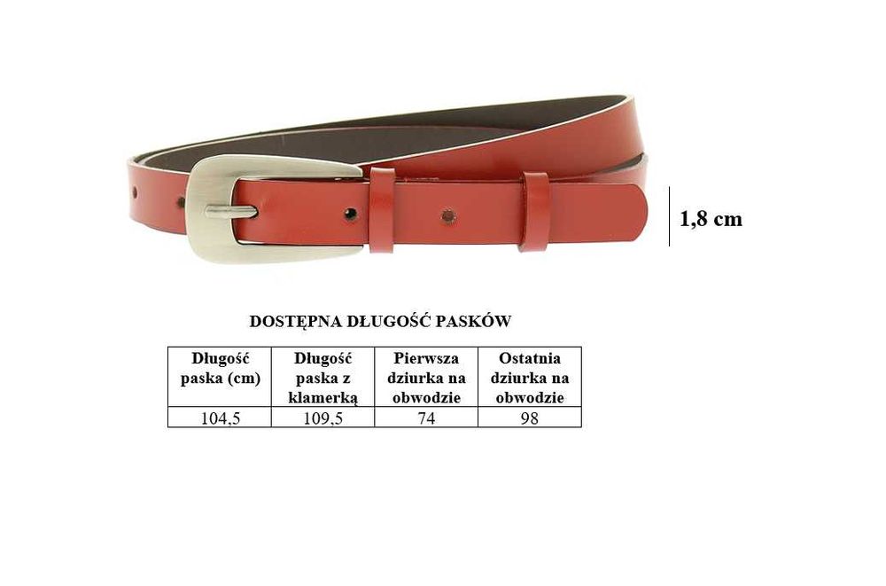 Pasek damski ze skóry naturalnej czerwony skórzany 2 cm wąski PL