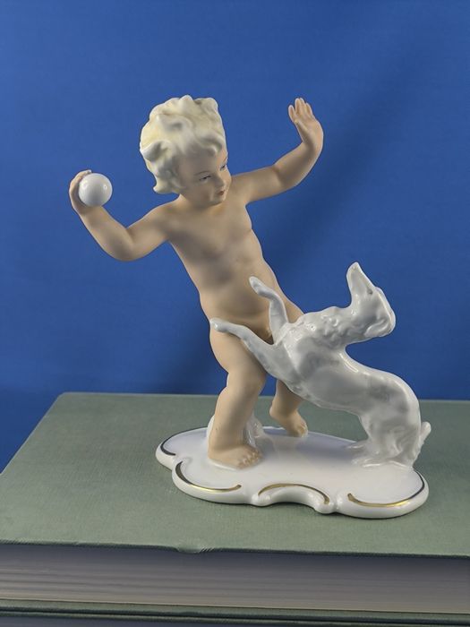 Chłopiec putto z psem chartem Schaubach Kunst Wallendorf #porcelana