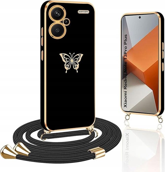 etui na xiaomi redmi note 13 pro plus czarny/złoty sznurek z motylem