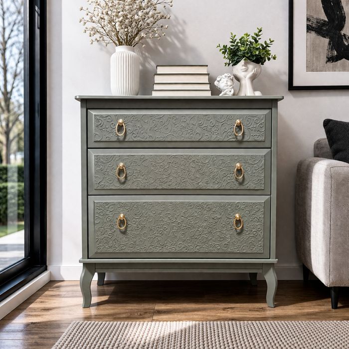 Szałwiowa komoda drewniana- ręcznie zdobiona