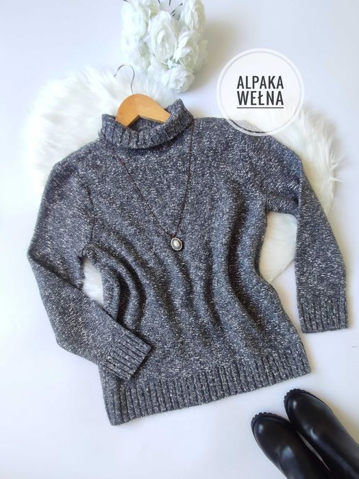 Sweter golf H&M S/M – alpaka wełna, melanżowy szary, casual