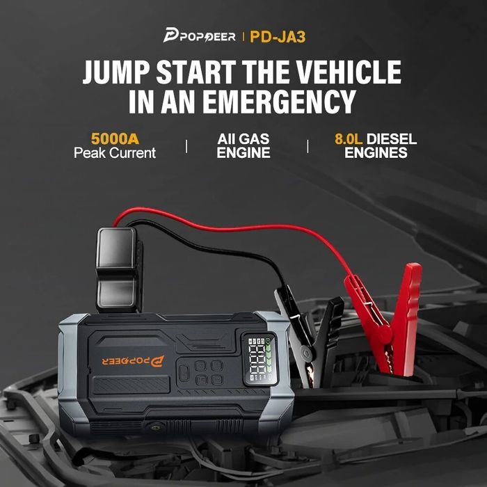 Booster 12V com Compressor de Ar 5000A, Lanterna, Powerbank, Car Start