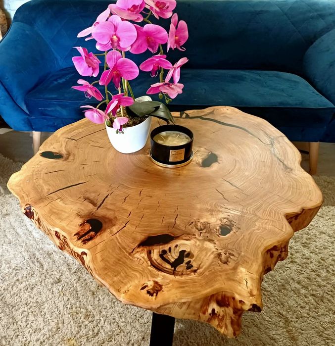 Stolik kawowy 88x87cm PIĘKNY OKAZ LIVE EDGE plaster drewna