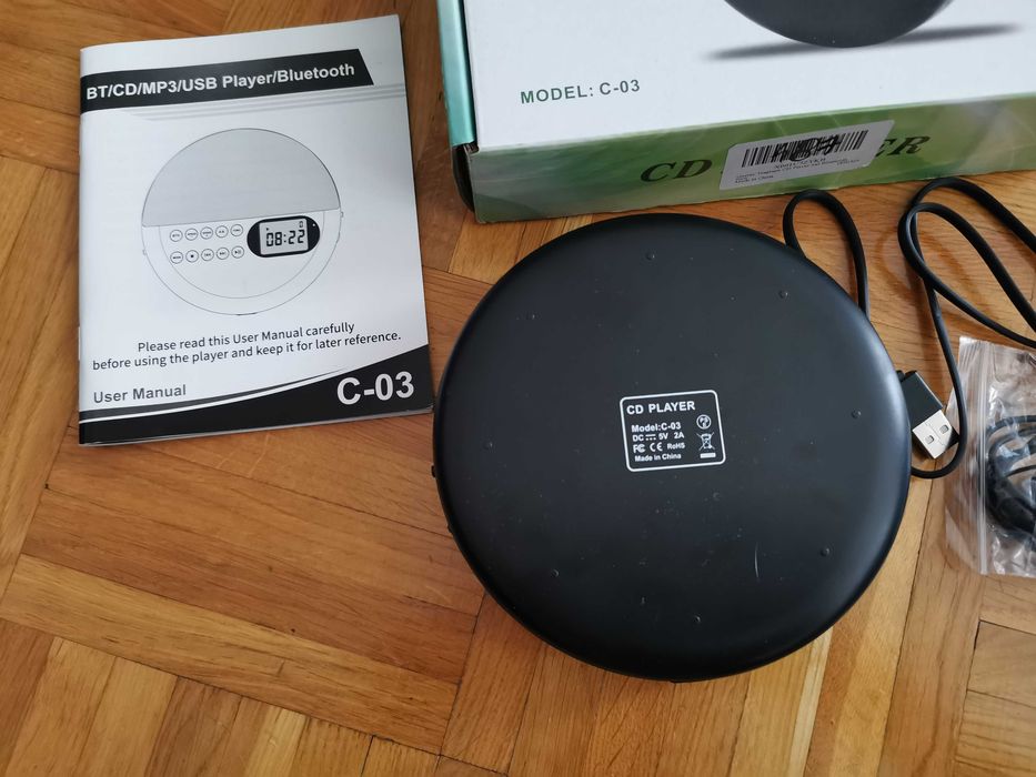 Discman CD-MP3 z funkcją podwójnych głośników i akcesoria